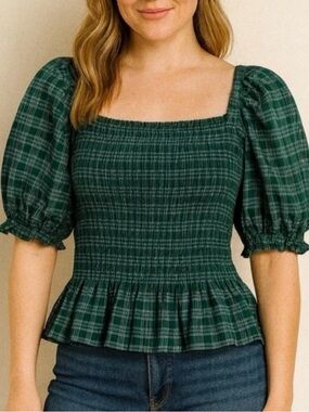 🆕 J. Crew Green Plaid Smocked Square-Neck Peplum Top